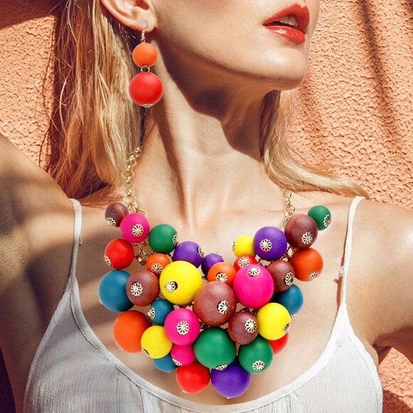 Wooden Ball Cluster Vine Necklace Set - Picture 1 of 3